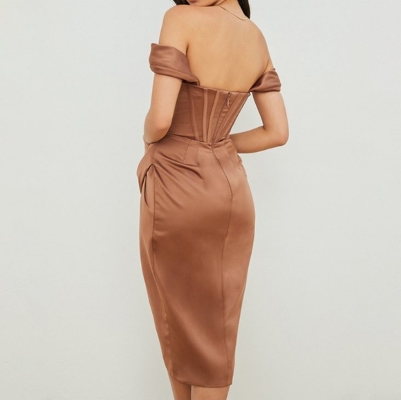 LOEL Off Shoulder High Split Long Formal Party Dress Evening Gown in Copper S - Picture 4 of 12